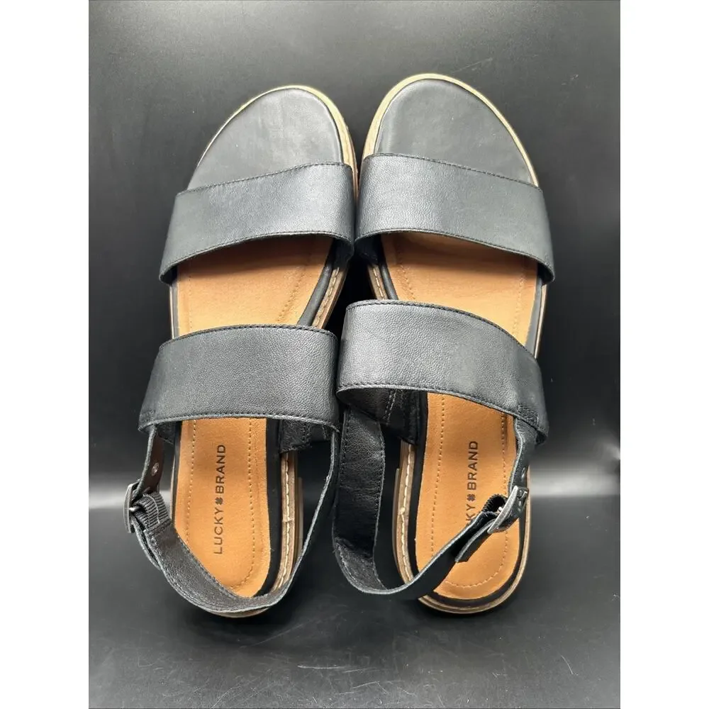 Lucky Brand Kaimana Black Leather Strappy Sandals Adjustable Strap Women's 10